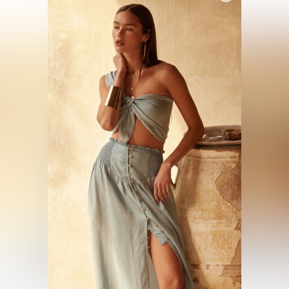 New Fabulous Smocked Denim Button Front Maxi Skirt - Picture 5 of 8